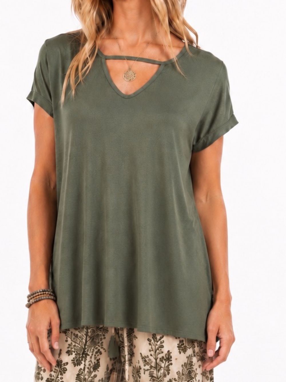ACTING PRO Olive Green Knit Keyhole V-Neck Tunic Short Sleeve Tee Top T-shirt